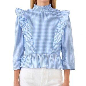 English Factory Blue White Gingham Peplum Blouse